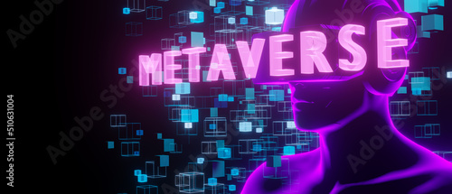 Metaverse vr world simulation gaming cyberpunk style, digital robot with cyber man wearing vr glowing 3d Render