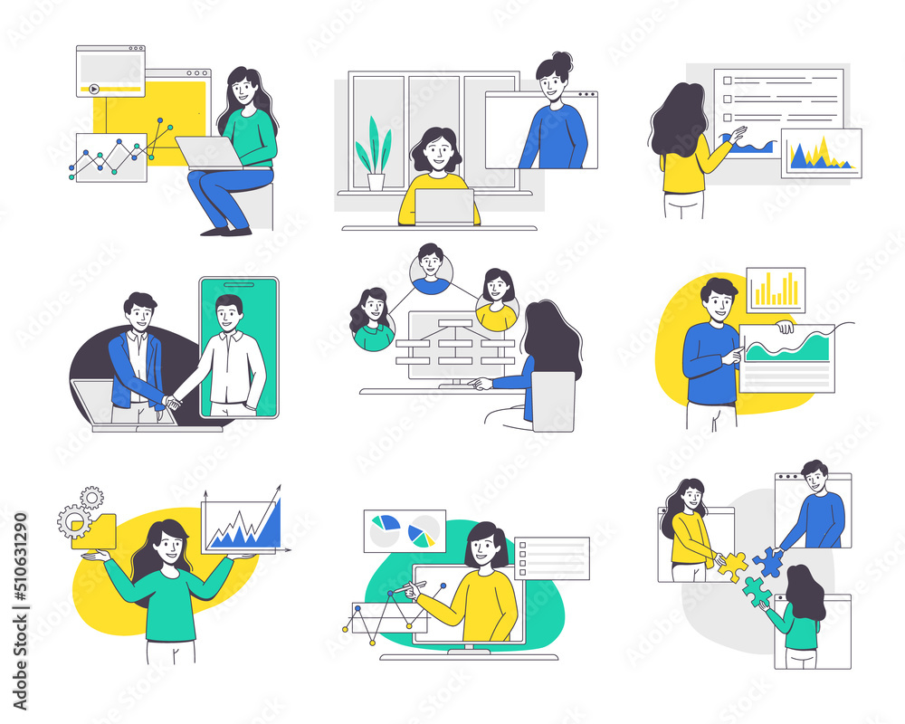 Online Conference with Business People Making Presentation and Showing Graph Outline Vector Set Online Conference with Business People Making Presentation and Showing Graph Outline Vector Set