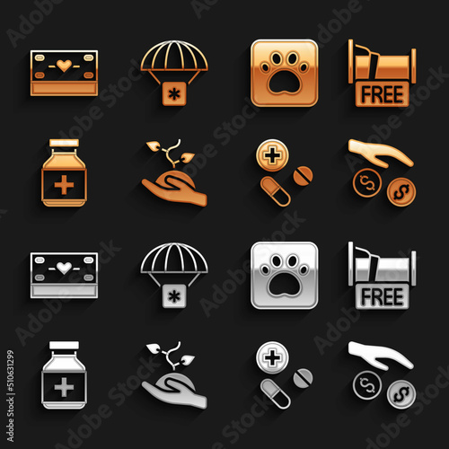 Set Volunteer team planting trees, Free overnight stay house, Donation and charity, Medicine pill or tablet, bottle pills, Paw print, and Humanitarian aid icon. Vector