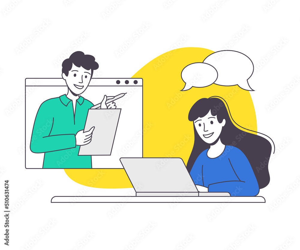 Online Conference with Man and Woman Talking Via Internet Platform Outline Vector Illustration