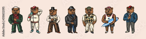 Bear in vintage costume with beer. Fashion animal character in tweed jacket. Hand drawn sketch. Retro look. Vector engraved illustration for logo and tattoo or T-shirts.