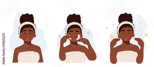 African American woman facial skin problems.acne, pimple.skin care concept.vector flat illustration.
