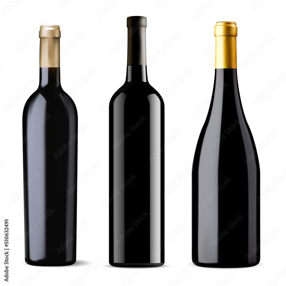 Red wine bottle black glass mockup, isolated vector illustration to put label. Dark green vineyard bottle for brand presentation. Unlabeled elegant vintage drink, luxury unopened alcohol Red wine bottle black glass mockup, isolated vector illustration to put label. Dark green vineyard bottle for brand presentation. Unlabeled elegant vintage drink, luxury unopened alcohol