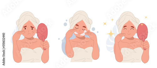 skin care concept.woman with acne, pimples problem.before and after.cleaning face. Flat cartoon character vector illustration