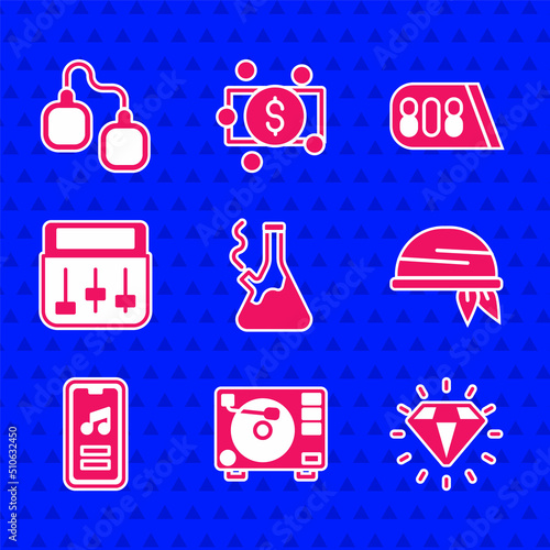 Set Glass bong for smoking marijuana, Vinyl player with vinyl disk, Diamond, Bandana, Music, Drum machine music, and Handcuffs icon. Vector