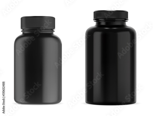 Black supplement bottle. Medicine pill container, plastic jar blank mockup. Vitamine drug capsule bottle, pharmaceutical product package, glossy box design. Vertical cylinder can for remedy powder