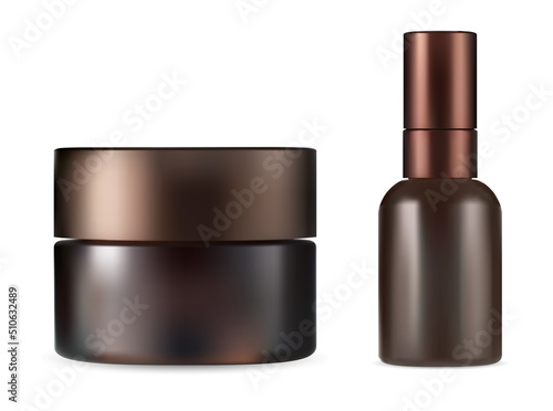 Brown dropper bottle, cosmetic jar mockup, vector blank. Essential oil flask, eye drop nasal product tube. Cosmetic cream jar, premium slin care product clear package with cap