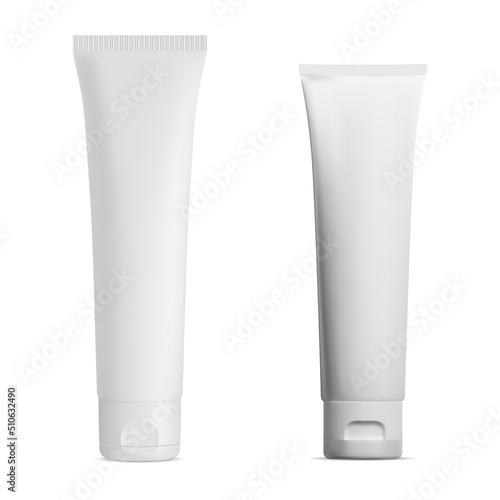 White cream tube. Cosmetic cream isolated package blank. Toothpaste container mockup isolated on white background. Realistic ointment packaging template, aftershave moisturizer
