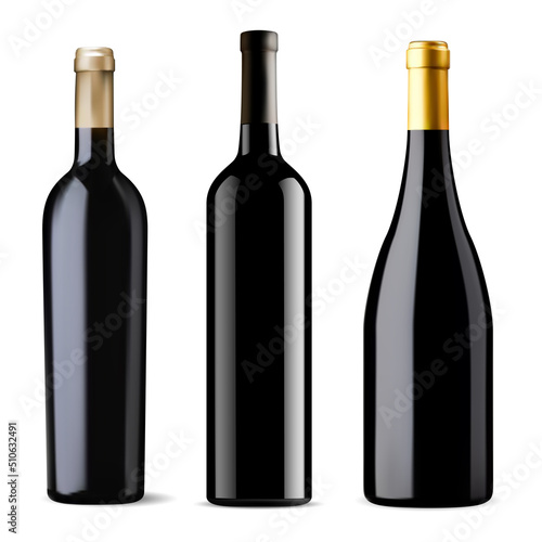 Red wine bottle black glass mockup, isolated vector illustration to put label. Dark green vineyard bottle for brand presentation. Unlabeled elegant vintage drink, luxury unopened alcohol photo