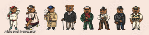 Bear in vintage costume with beer. Fashion animal character in tweed jacket. Hand drawn sketch. Retro look. Vector engraved illustration for logo and tattoo or T-shirts.