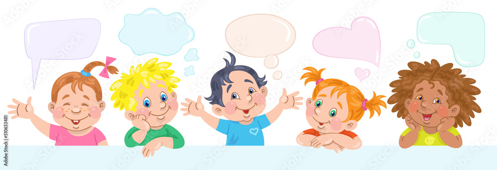 Funny little children of different nationalities. Template for card, poster, banner in cartoon style with speech bubbles. Place for your text. Isolated on white background. Vector illustration Funny little children of different nationalities. Template for card, poster, banner in cartoon style with speech bubbles. Place for your text. Isolated on white background. Vector illustration