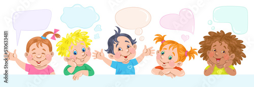 Fototapeta Naklejka Na Ścianę i Meble -  Funny little children of different nationalities. Template for card, poster, banner in cartoon style with speech bubbles. Place for your text. Isolated on white background. Vector illustration