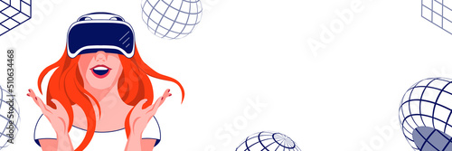 Wide banner with ginger Girl holding virtual reality glasses immersed into metaverse. Meta universe future cyber world technology. Editable vector Leaderboard of profile header with copy space.