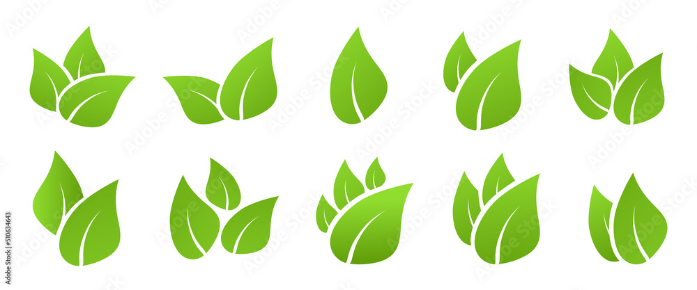 green leaf icons set on white background
