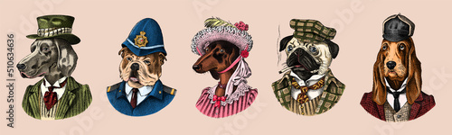 Pug Dog dog smokes cigar in suit. English Bulldog policeman. Herding and Bloodhound and German Shorthaired Pointer and Dachshund. Fashion Animal character in clothes. Engraved Hand drawn sketch.