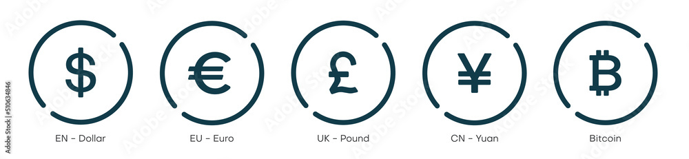 Currency symbol icons set. Money kind icon Collection of currency icons. Dollar, Euro, British Pound, Chinese Yuan and Bitcoin symbol sign. - obrazy, fototapety, plakaty 