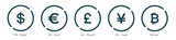 Currency symbol icons set. Money kind icon Collection of currency icons. Dollar, Euro, British Pound, Chinese Yuan and Bitcoin symbol sign.