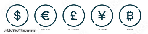 Currency symbol icons set. Money kind icon Collection of currency icons. Dollar, Euro, British Pound, Chinese Yuan and Bitcoin symbol sign.