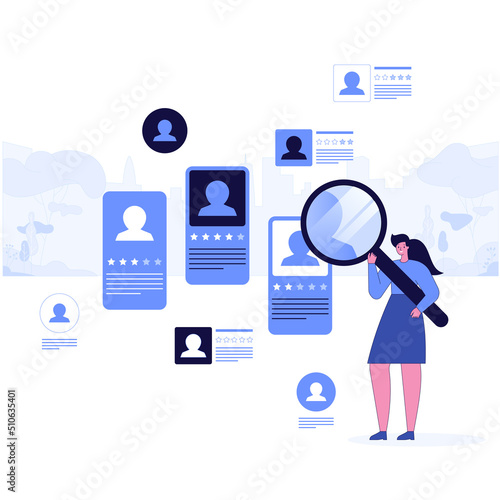 Employers and HR are choosing talent for job vacancy. Recruitment candidate choice. Spotlight to selection person. Best option for human resources with skills experience and CV vector illustration