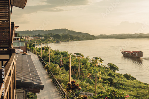 Chiang Khan Loei Thailand  Landscape Wooden House Riverside with sunset on evening time at Chaing Khan old town Loei Thailand