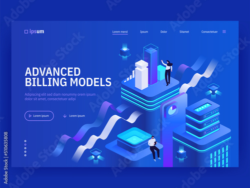 Advanced billing models isometric vector image on blue background. Comfortable online bank services. Easy digital financial operations. Web banner with copy space for text. 3d components composition