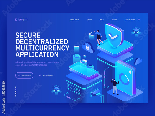 Secure decentralized multicurrency application isometric vector image on blue background. Virtual stock exchange. Digital currency trade. Web banner with copy space for text. 3d components composition