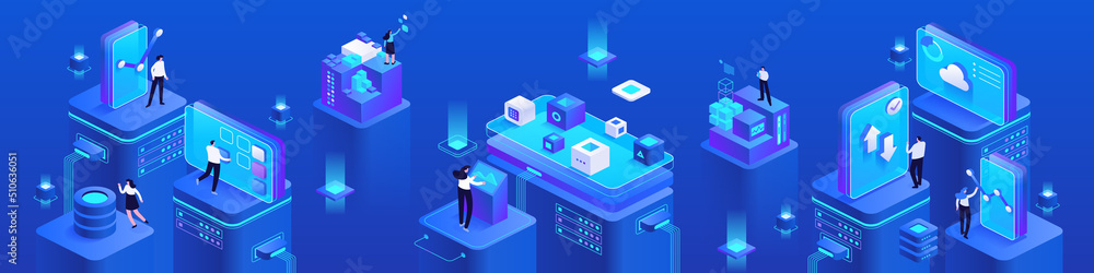 Financial transaction with cryptocurrency isometric vector images set on blue background. Cyber space platforms for trade. Bank online. Web banner with copy space for text. 3d components composition - obrazy, fototapety, plakaty 