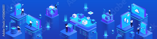 Financial transaction with cryptocurrency isometric vector images set on blue background. Cyber space platforms for trade. Bank online. Web banner with copy space for text. 3d components composition