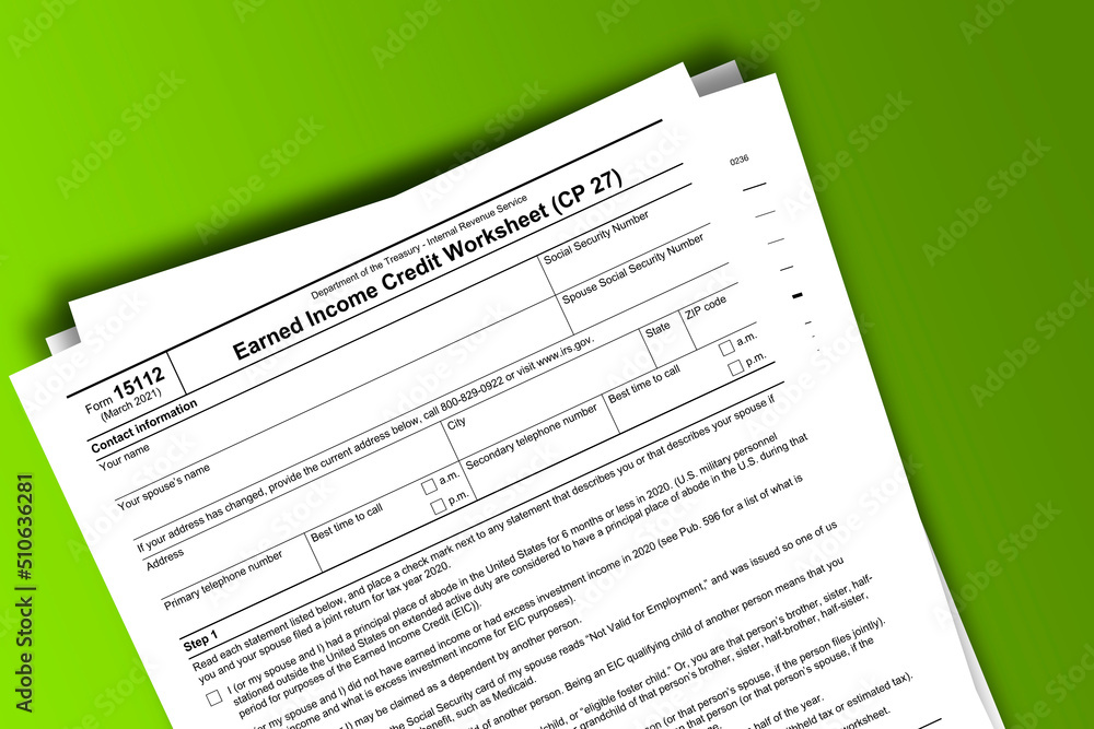 Form 15112 documentation published IRS USA 03.22.2021. American tax document on colored Form 15112 documentation published IRS USA 03.22.2021. American tax document on colored