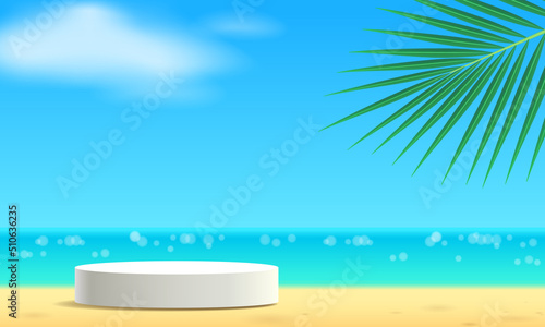 Fototapeta Naklejka Na Ścianę i Meble -  round podium white podium on sand, sea background, clouds and coconut leaves.