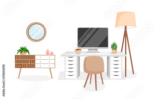 Cozy workplace with houseplants. Modern interior for home office with computer, cabinet, remote work, freelance, education. Vector illustration in flat cartoon style. Comfortable workspace and room.