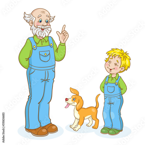 Grandfather, little dog and grandson have a fun talking. In cartoon style. Isolated on white background. Vector illustration.