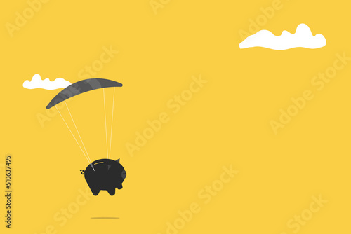Piggy Bank Floating Down with black Parachute. financial saving.