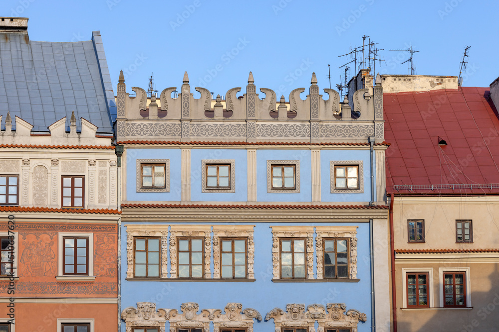 Fototapeta premium Medieval decorative tenement houses in the Old Town Square, Lublin, Poland