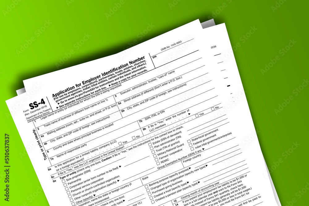 Form SS-4 documentation published IRS USA 01.27.2020. American tax document on colored Form SS-4 documentation published IRS USA 01.27.2020. American tax document on colored