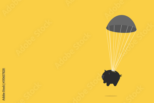 Piggy Bank Floating Down with black Parachute. financial saving