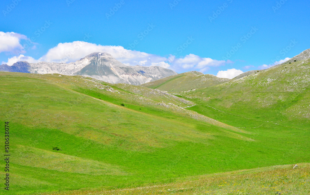 vallata verde sotto la montagna con nuvole nel cielo azzurro durante l'estate