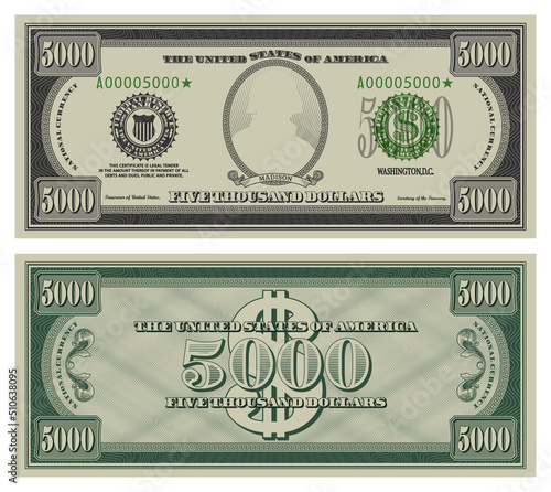 Five thousand dollars banknote. Gray obverse and green reverse fictional US paper money in style of vintage american cash. Frame with guilloche mesh and bank seals. Madison