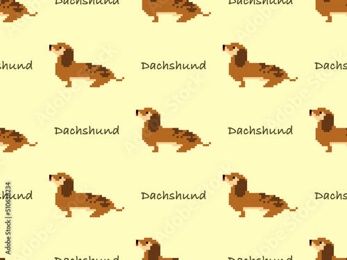 Dachshund cartoon character seamless pattern on yellow background. Pixel style