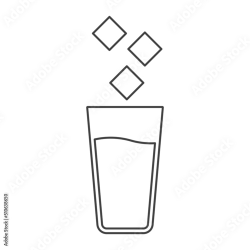 Simple icon of glass with water and ice cubes. Linear image of a cold drink. Automatic ice supply. Isolated vector on white background.