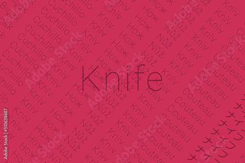 Word Knife in languages of world. Logo Knife on Crimson Crayola Brown color