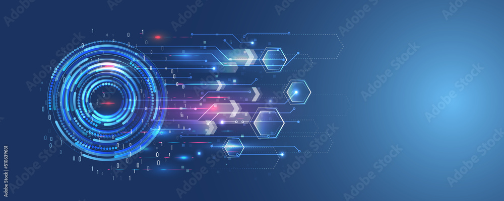 Abstract global sci fi concept. Digital internet communication on blue background. Wide Cyber security internet and networking concept. Hi-tech vector illustration with various technology elements.