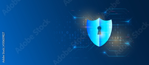 Shield icon, future technology for verification. Abstract high tech background. Data security system, information, or network protection. Cyber security and data protection.