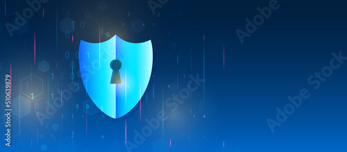 Abstract high tech background. Data security system, information, or network protection. Cyber security and data protection. Shield icon, future technology for verification.