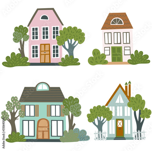 Vector set of houses in cute flat style. Different bright colors and shapes cabins isolated on a white background.