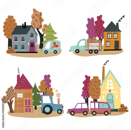 Vector set of houses in cute flat style. Different bright colors and shapes cabins isolated on a white background.