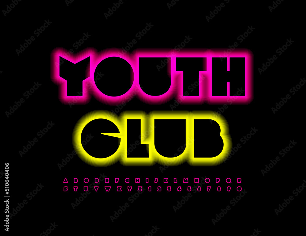 Vector neon Emblem Youth Club. Unique glowing Alphabet Letters and Numbers set. Brght Artistic Font
