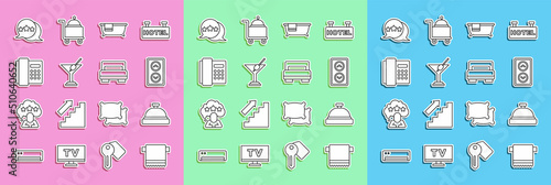 Set line Towel on hanger, Hotel service bell, Lift, Bathtub, Martini glass, Telephone handset, Five stars rating review and room bed icon. Vector