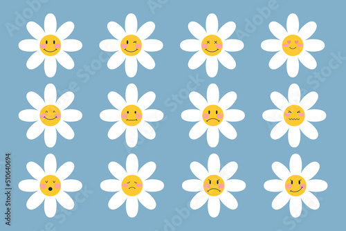Vector daisy flowers with cartoon funny emoticons faces set. Groovy chamomile characters emoji flat style. Illustration of emotion floral flower, bloom camomile