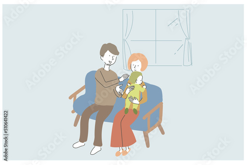 眠る子どもを見守る両親のイラスト